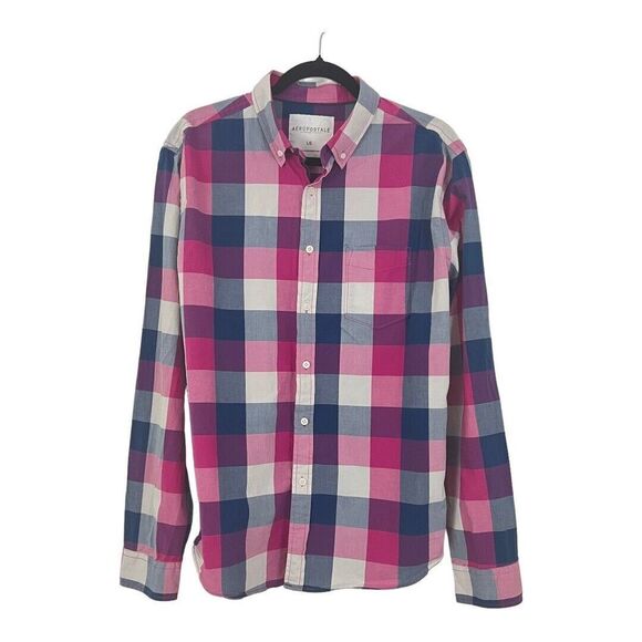 Aeropostale Mens Size L Pink Purple Plaid Button Down Shirt - Picture 1 of 4